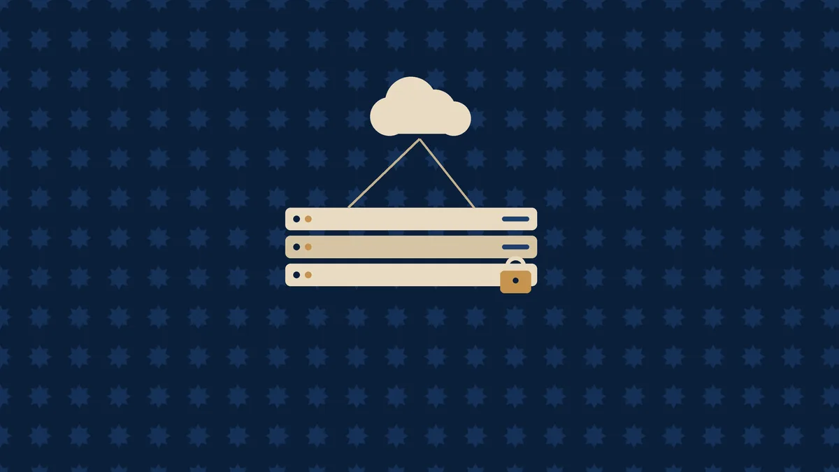 Illustration flat design : serveur empilé avec diodes, nuage connecté à un ordinateur, cadenas SSL, motif zellige discret, palette bleu navy et sable — hébergement d'un site web au Maroc